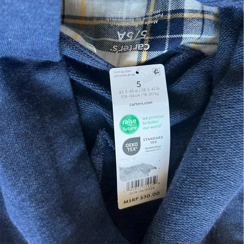 Carter’s Boys Blue Plaid Button Down Hoodie | 5 NWT